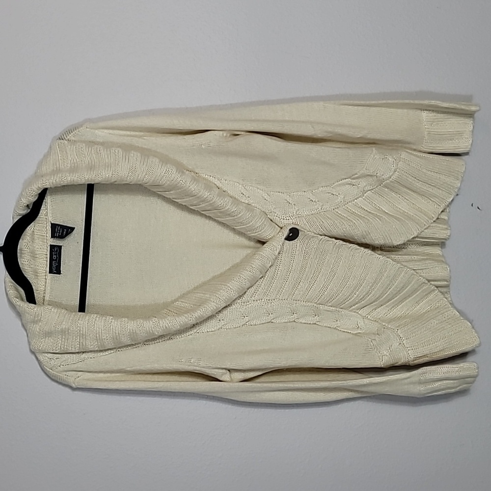 Vintage Yarn Art Chunky Cable Knit Cardigan Size L Cream Ivory Coastal Women